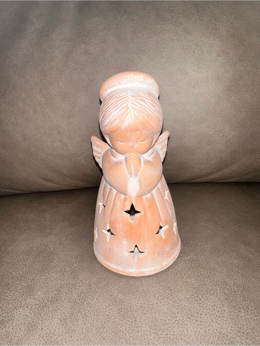 Vintage Terracotta Clay Angel Luminary - Star Cutout Candle Holder
